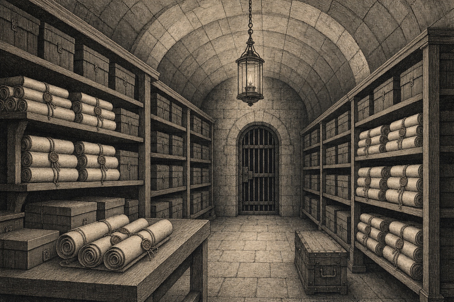 Engraving of a vaulted stone strongroom with shelves of document boxes and sealed scrolls