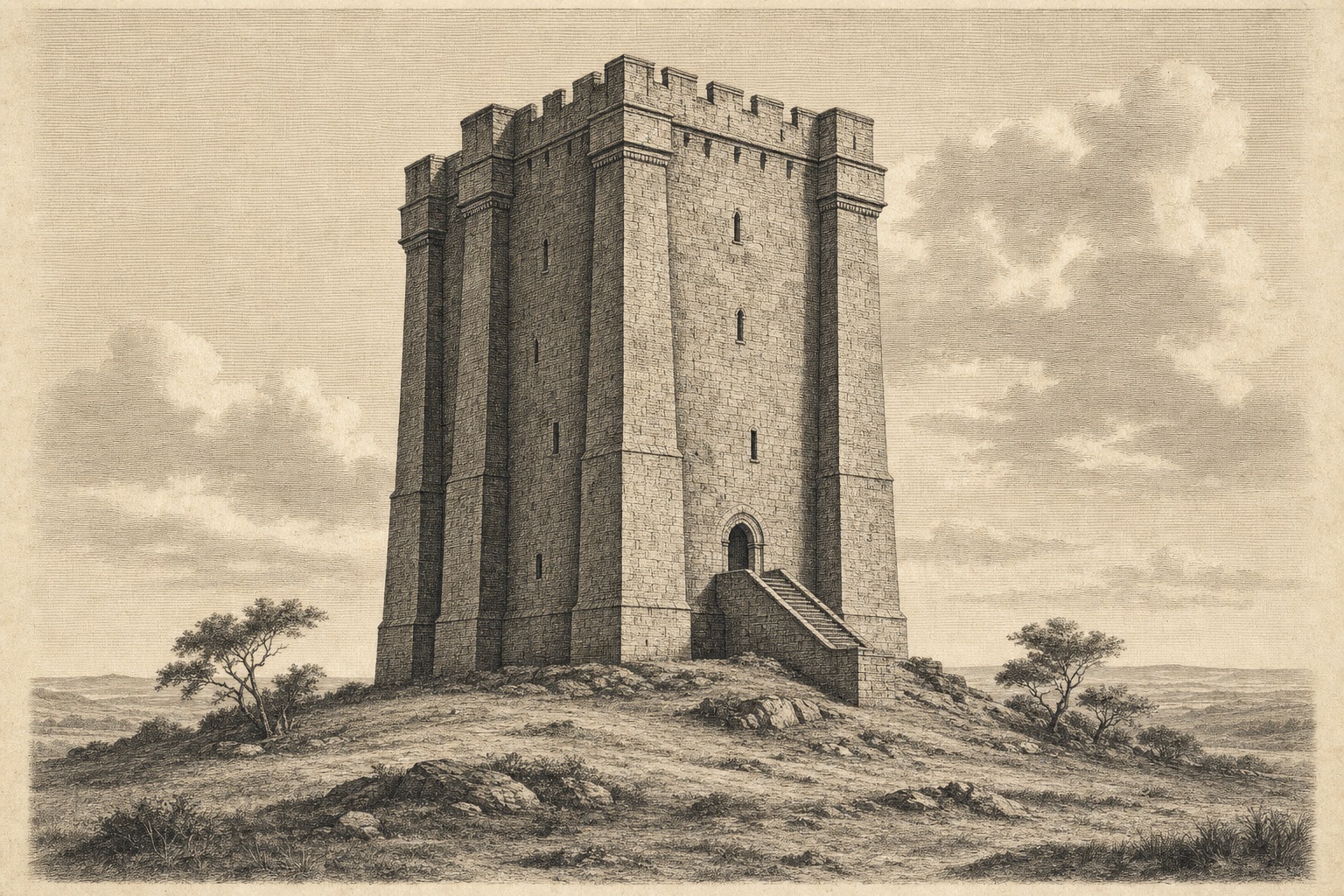 Engraving of a solitary stone castle keep on a rocky rise in open country