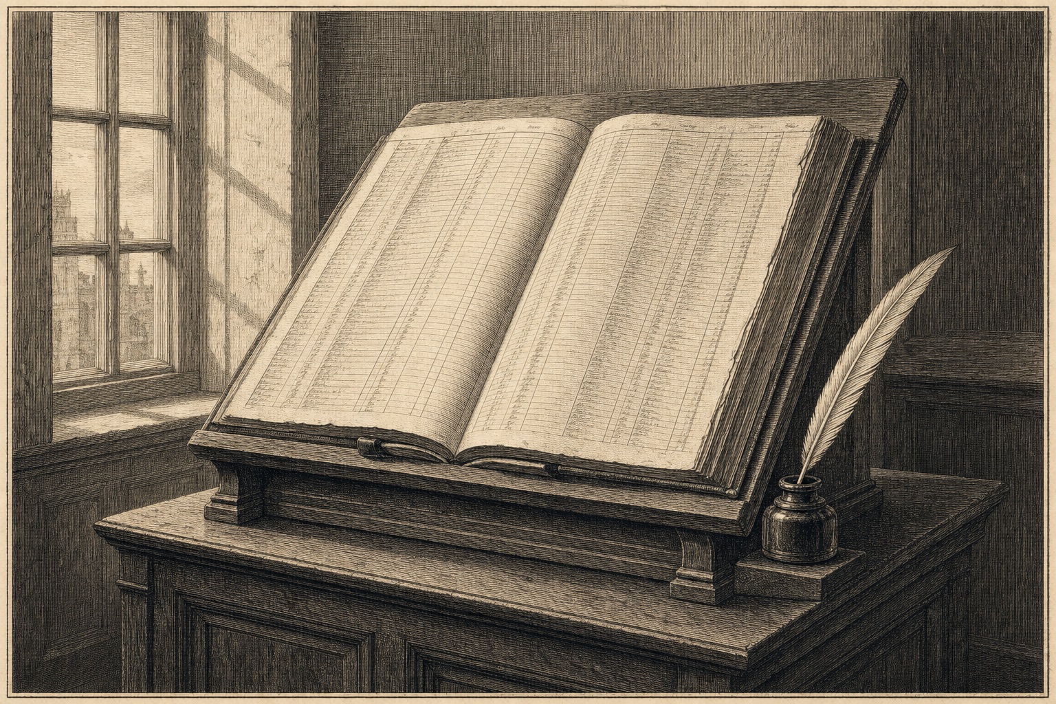 Engraving of an open muster-roll ledger on an oak lectern with quill and inkwell