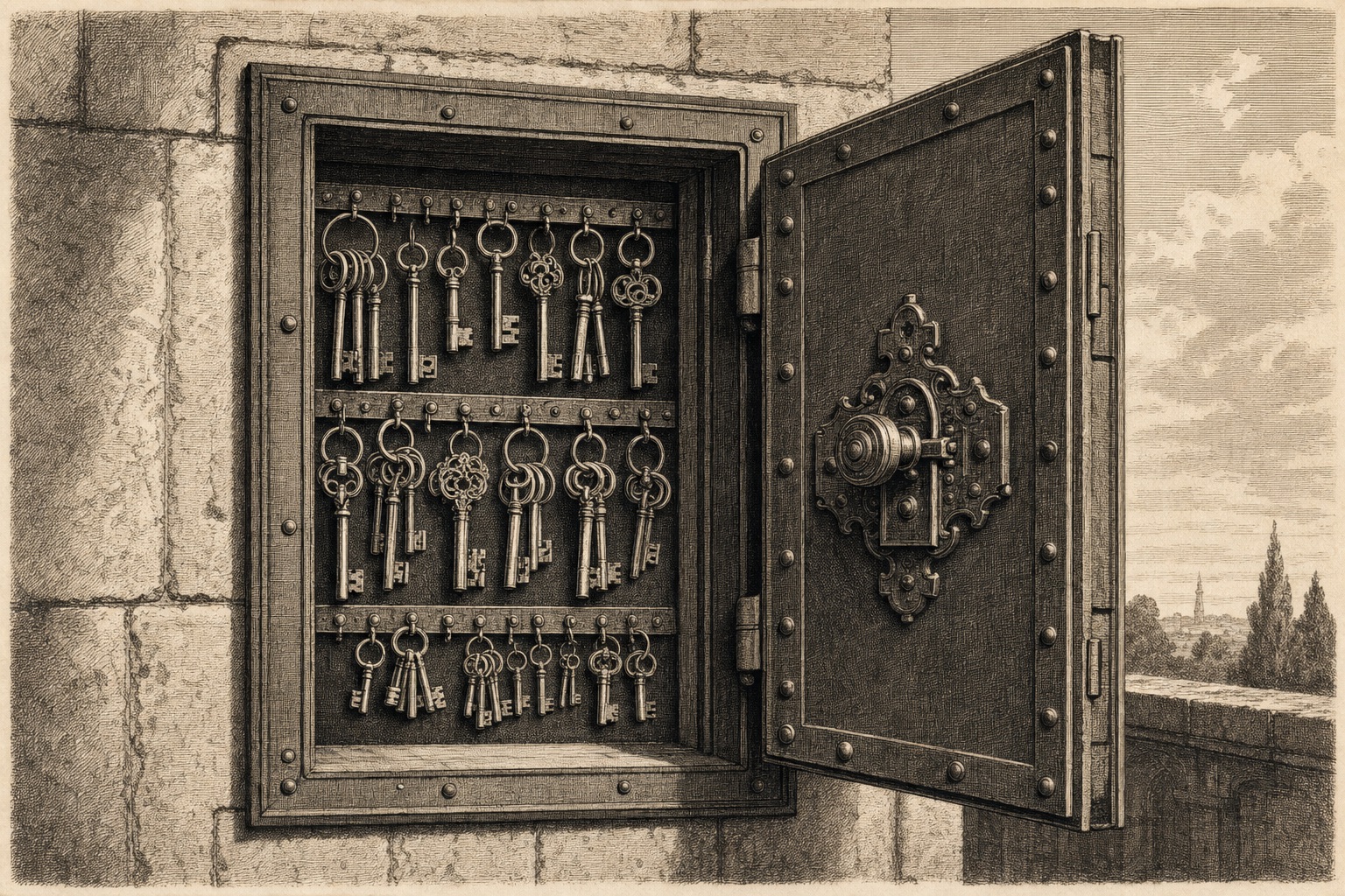 Engraving of an iron key cabinet in a stone wall, door ajar, rows of keys on hooks